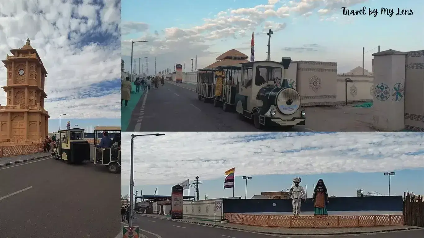 Clock Tower, Campus with 2 statues in corner of the road and Transport in Rann Utsav, Kutch, Gujarat.