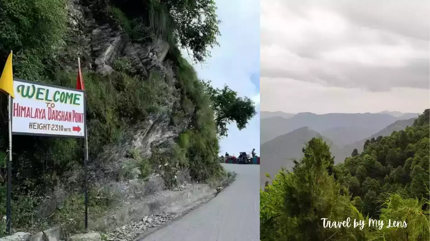 2 Images in one image. Image 1 - Road to Himalayan Darshan View Point (Height 2310 mtr.), Image 2 - Scenic lookout offering wide panoramas of the snow-capped peaks of the Himalayan mountains in Nainital, Uttarakhand, India.