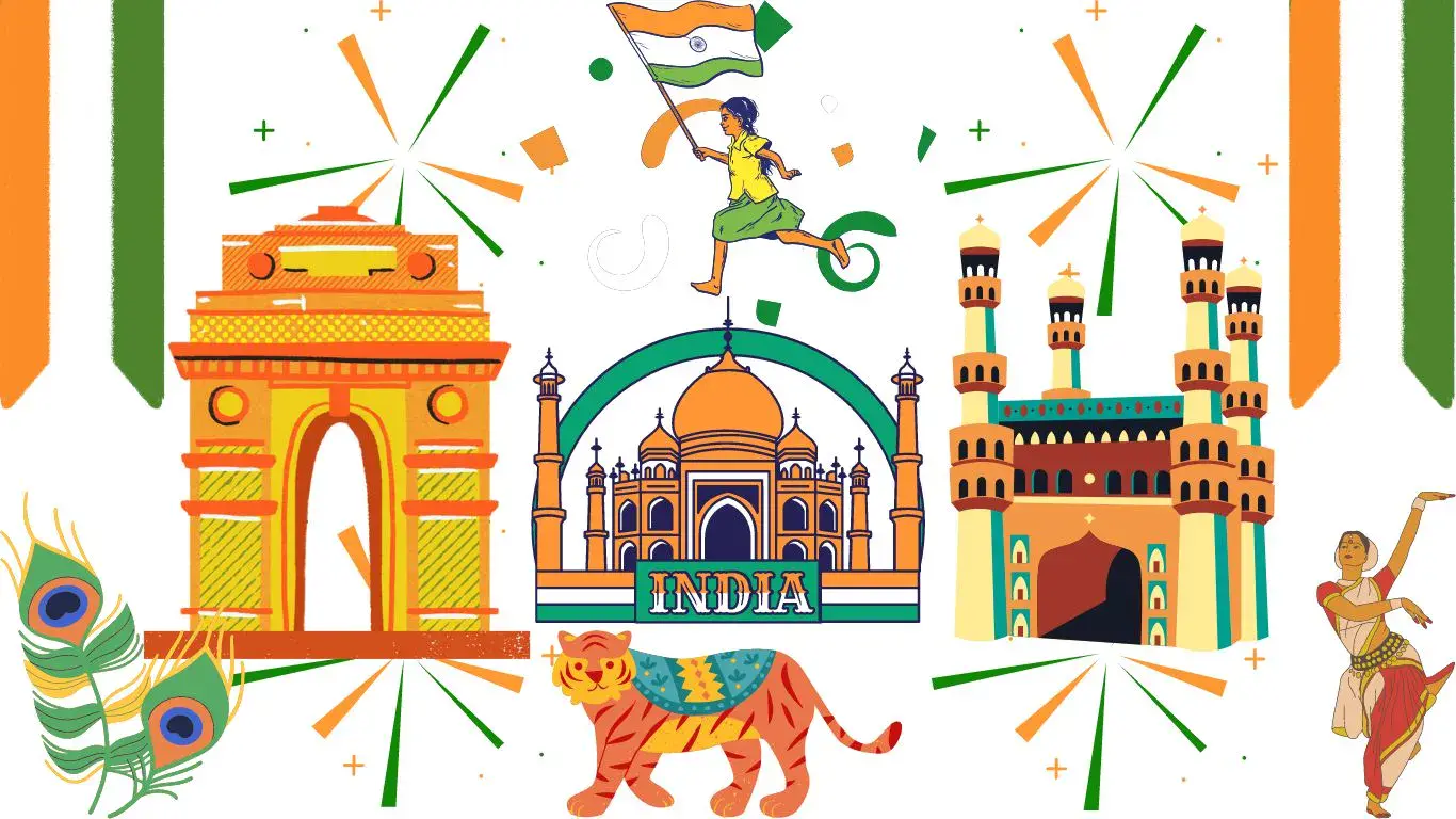 Incredible India - A girl holding a Tricolour Flag, National Animal Tiger, Peacock feathers, Taj Mahal and India is written in front of the image, India Gate, Char Minar, Woman in Bharatnatyam Pose