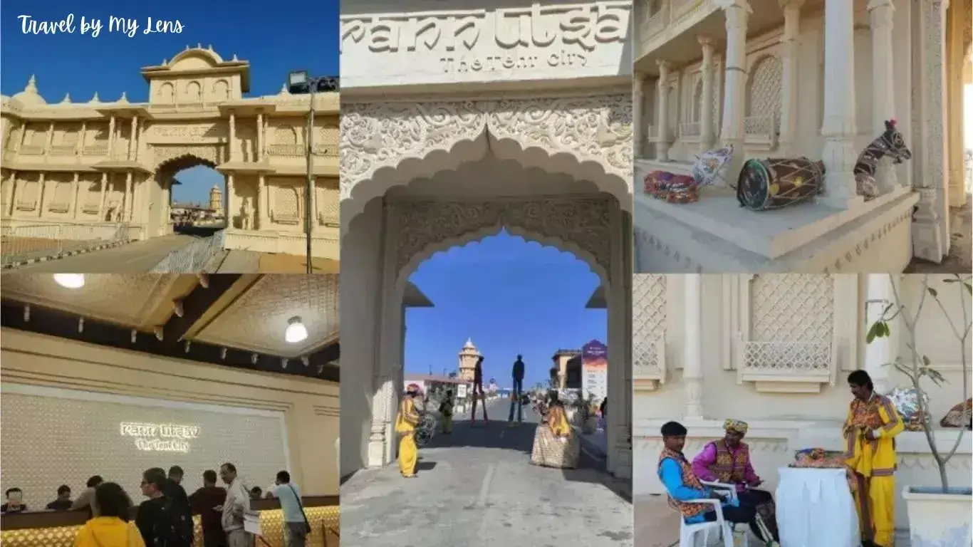 Dancers with Instruments at Main Entrance and Reception Area at Rann Utsav, Kutch, Gujarat.