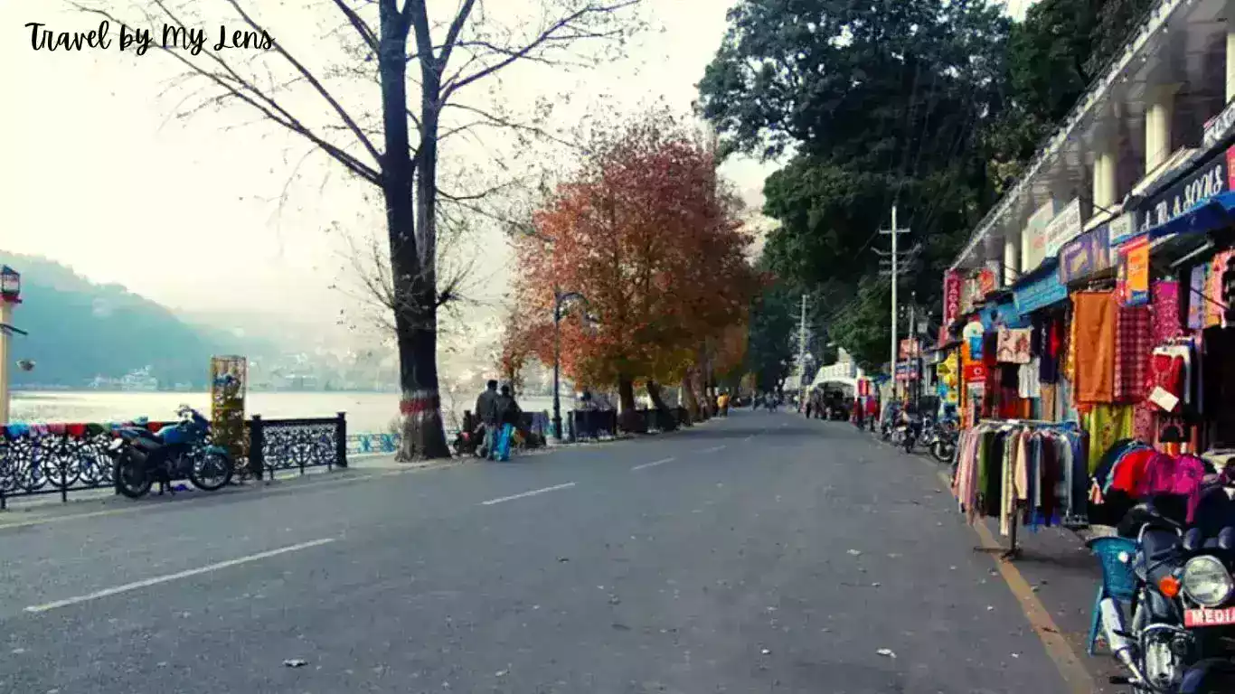 The Mall Road in Nainital, Uttarakhand, India, running 1.5 km parallel to the Naini lake and connects the two ends of town, Mallital and Tallital.