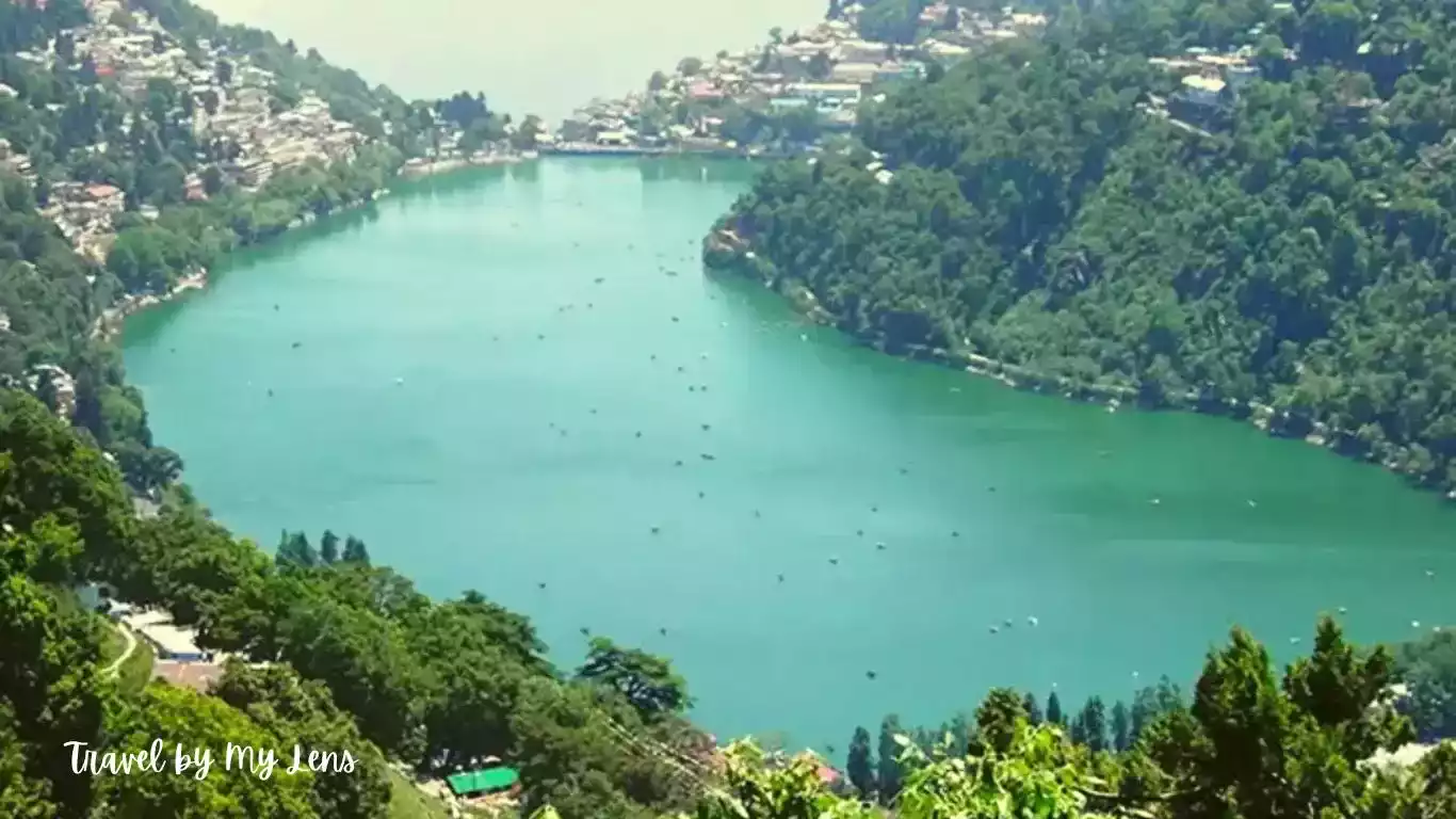 Amazing view of Naini Lake in Mango Shape or Eye Shape at Naini View Point, Nainital, Uttarakhand, India.