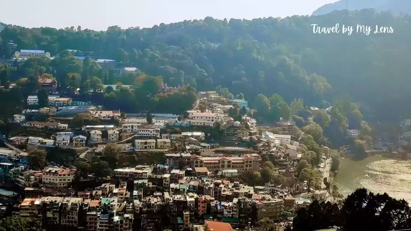 Aerial View of Nainital City with Naini Lake, a scenic hill station and a famous tourist destination.