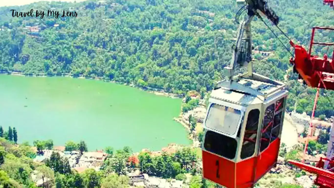 Aerial view of Naini Lake from ropeway, which is used to reach Snow View Point located at a height of 2270 m, Nainital, Uttarakhand, India.