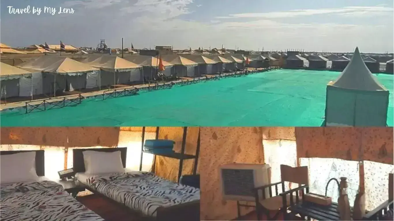 The Stay Arrangement and Tent Setup (2 beds, 1 air cooler, 2 chairs and 1 table is placed) at Rann Utsav, Kutch, Gujarat.