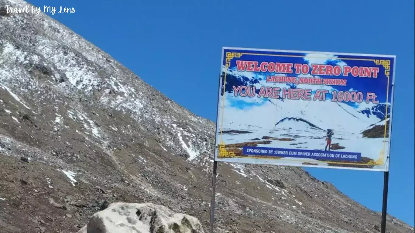 Welcome to Zero Point at 16000 Ft. is written on a board, Lachung, North Sikkim, India