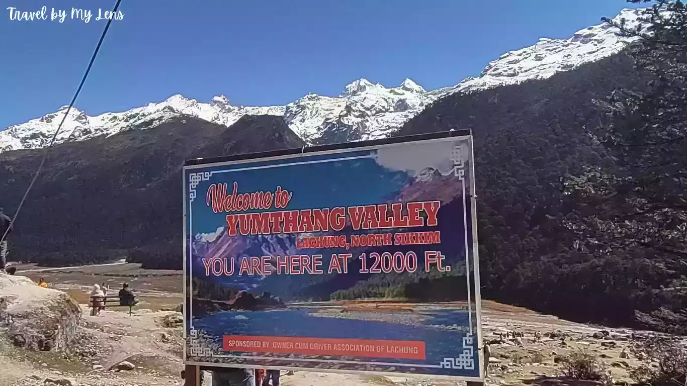 Welcome to Yumthang Valley at 12000 Ft. is written on a board, Lachung, North Sikkim, India