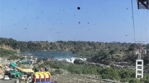 View of Dhuandhar waterfall from Narmada Ropeway Ride, Bhedaghat, Jabalpur, MP, India